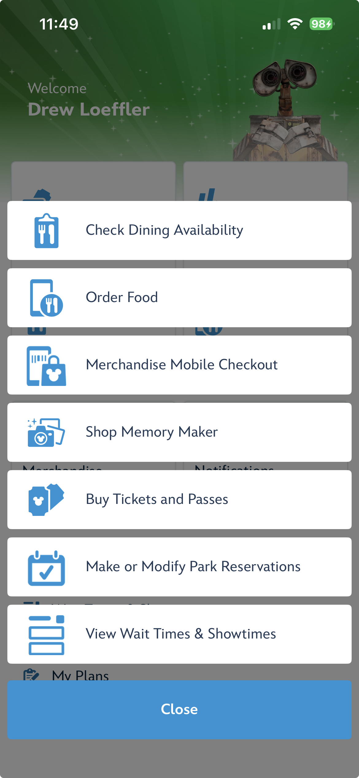 The My Disney Experience quick actions menu, showing transactional shortcuts with My Plans cut off at the bottom by the Close button
