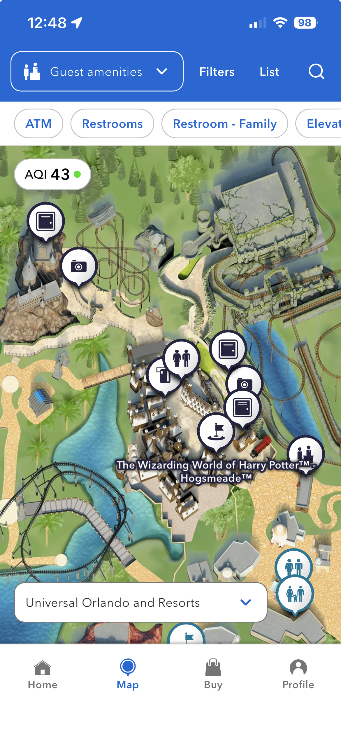 Universal Orlando app guest amenities filter in Hogsmeade, every pin sharing the same land color