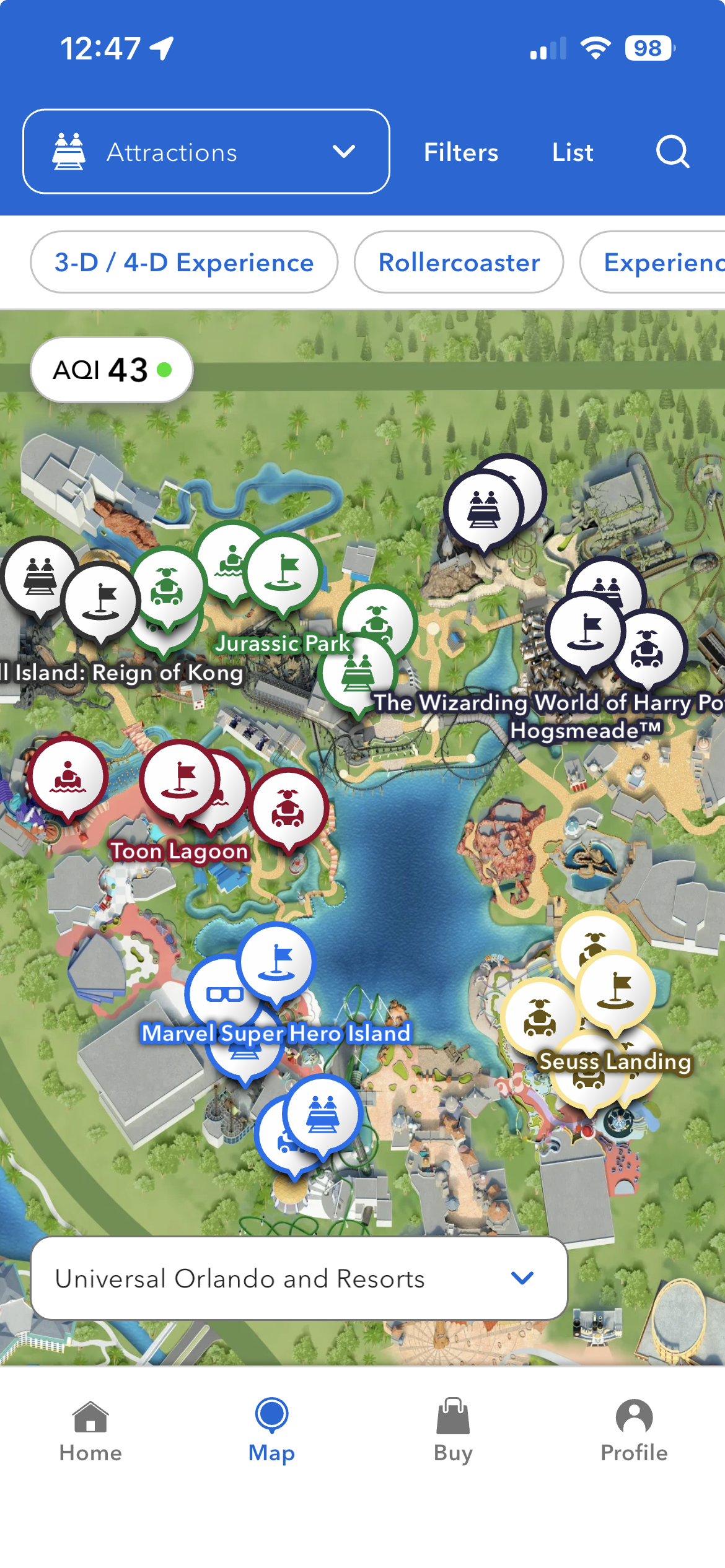 Universal Orlando app map of Islands of Adventure with attraction pins colored by land