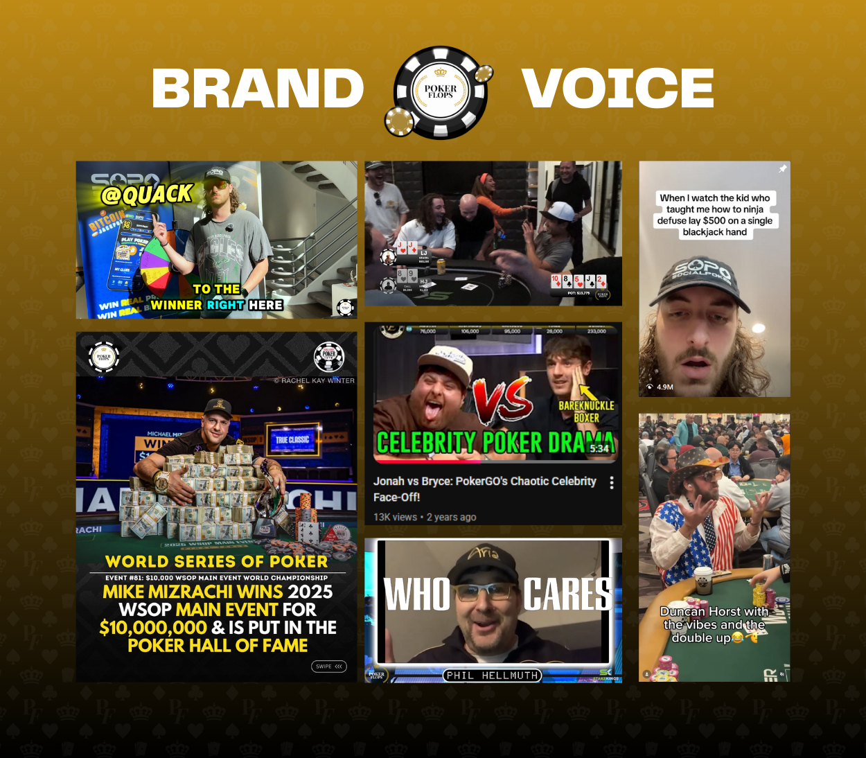 PokerFlops brand voice — bold, irreverent social content across formats