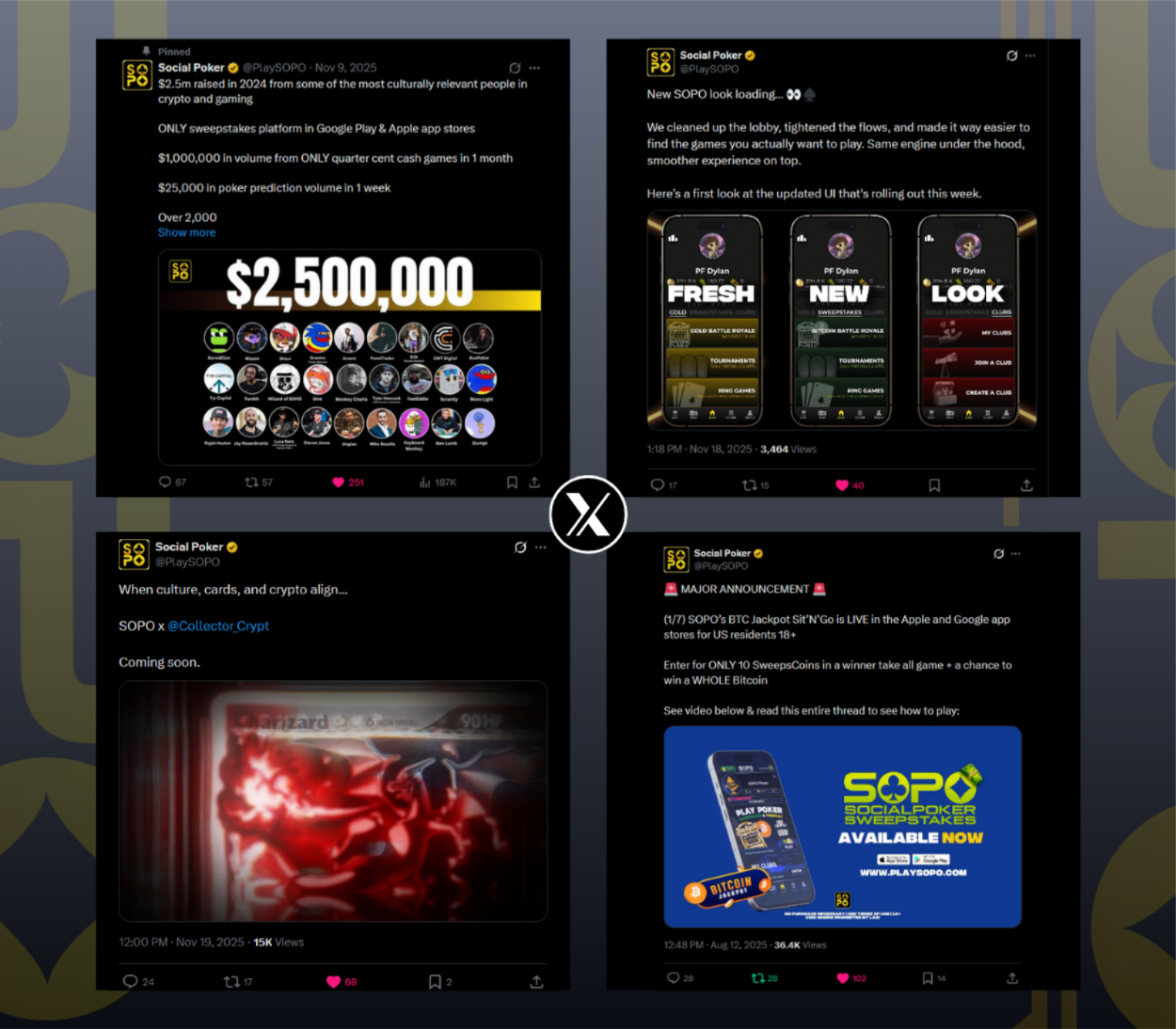 PokerFlops X/Twitter content — milestones, UI reveals, crypto partnerships, app launches