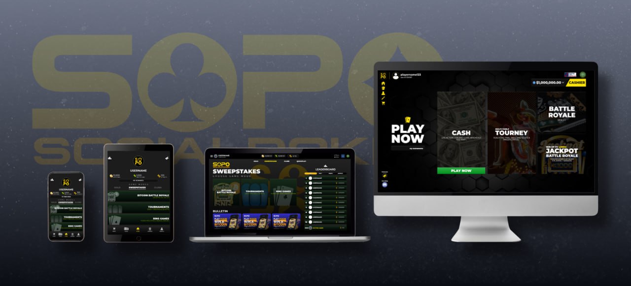 SOPO cross-platform mockup — iPhone, iPad, MacBook, and desktop showing the app across devices