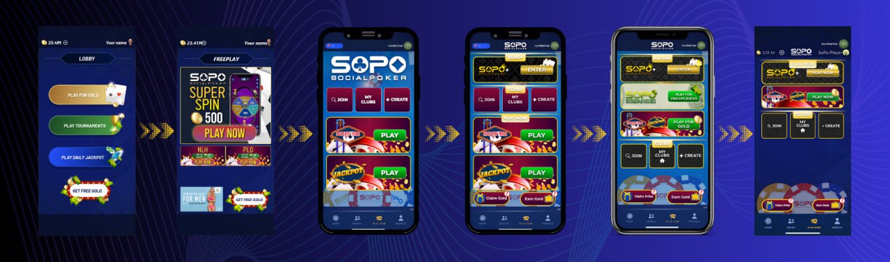 SOPO Design Pass 1 — early UI evolution from wireframes to polished screens (2019–2020)
