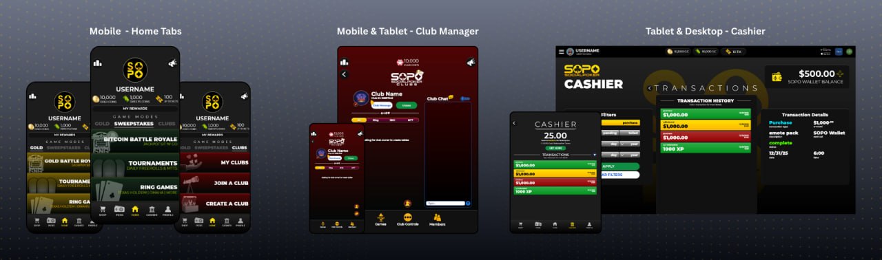 SOPO Design Pass 3 — cross-platform UX: mobile home tabs, tablet club manager, desktop cashier (2023–2025)