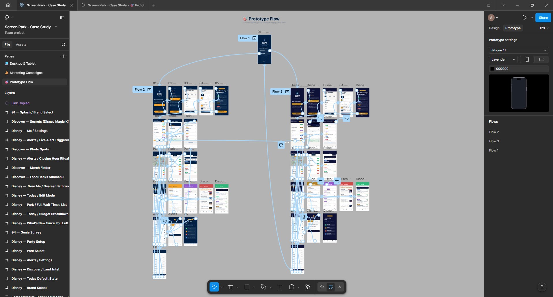 Full prototype flow layout in Figma