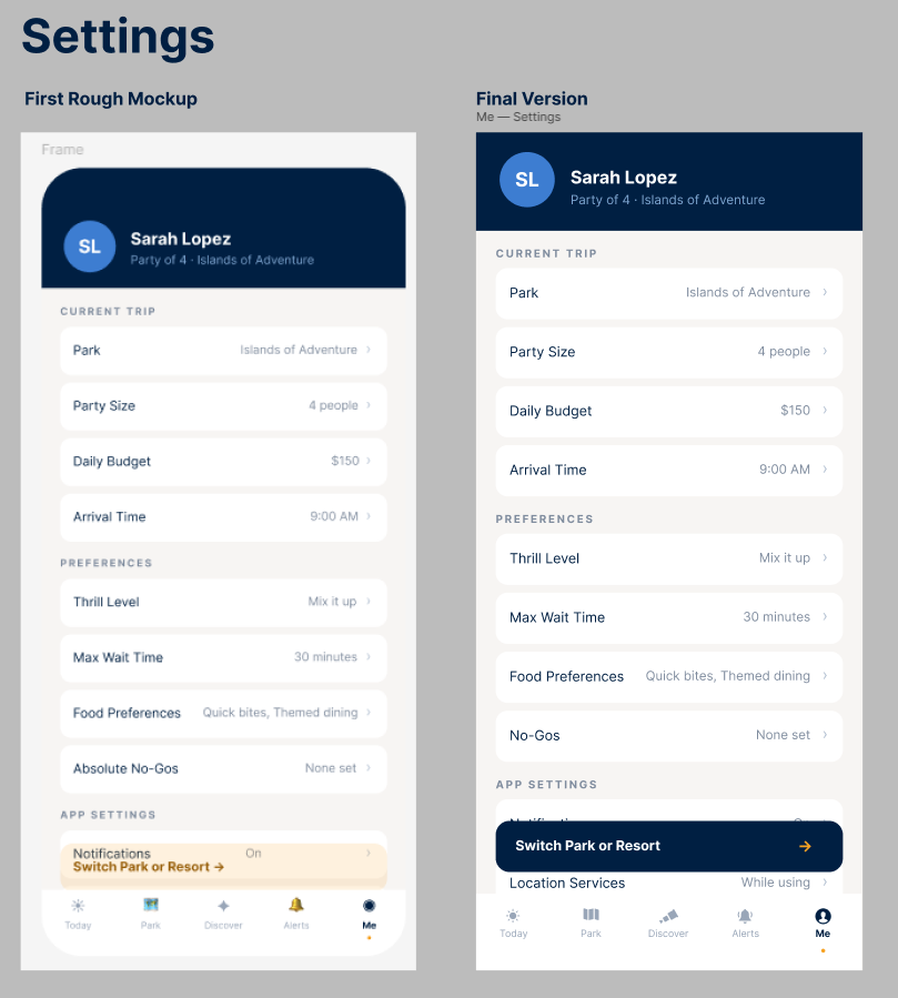 Settings screen before and after