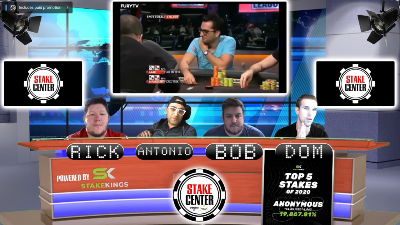 StakeCenter digital set — full virtual studio with 4 hosts, StakeKings sponsorship, monitor graphics, and animated overlays